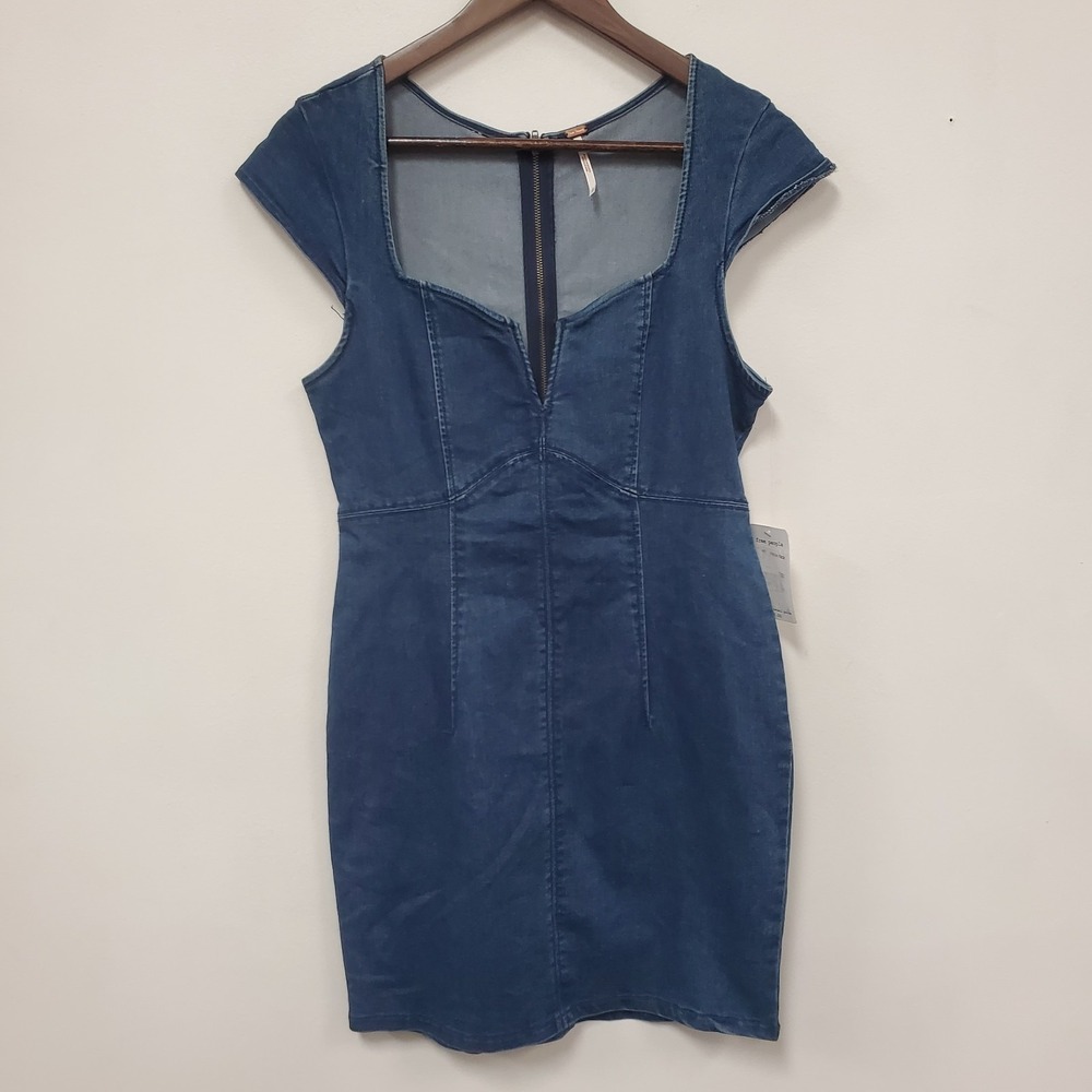 Free People Womens Lia Denim Bodycon Mini Dress Size S Blue Jean Babydoll V Neck